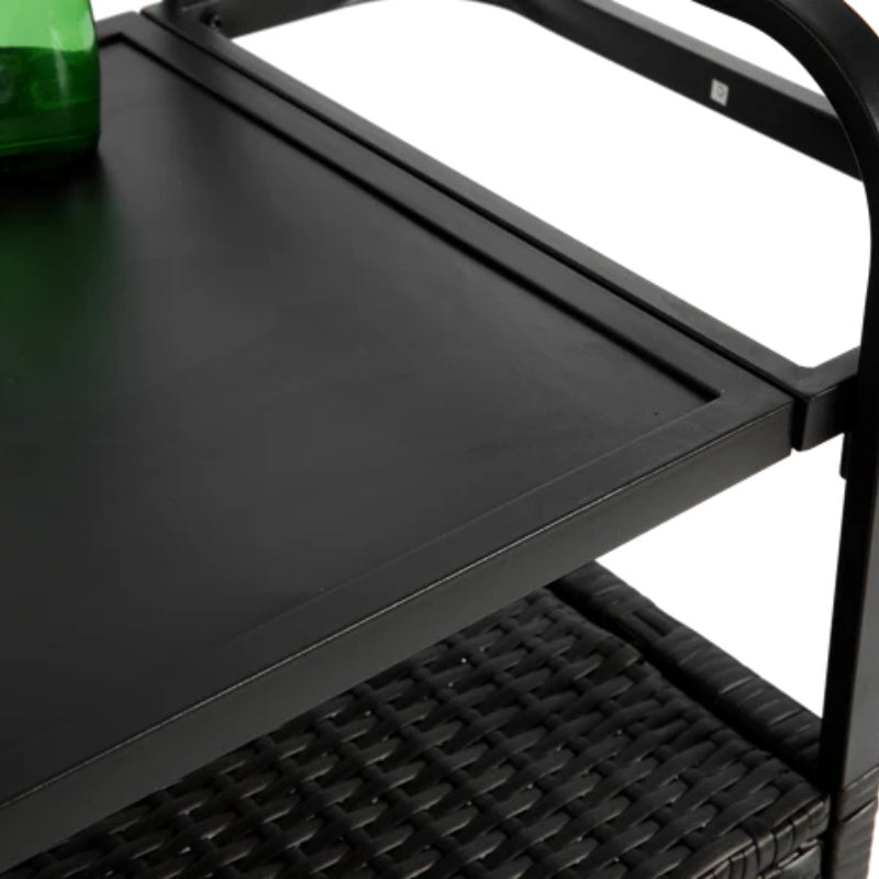 Outdoor Bar Table, Wicker Bar Cart with Cabinet, Patio Serving Cart with steel Top, with one ice bucket,Lockable Wheels, Side Basket for Garden, Poolside & Backyard, Black-海智集-Default-