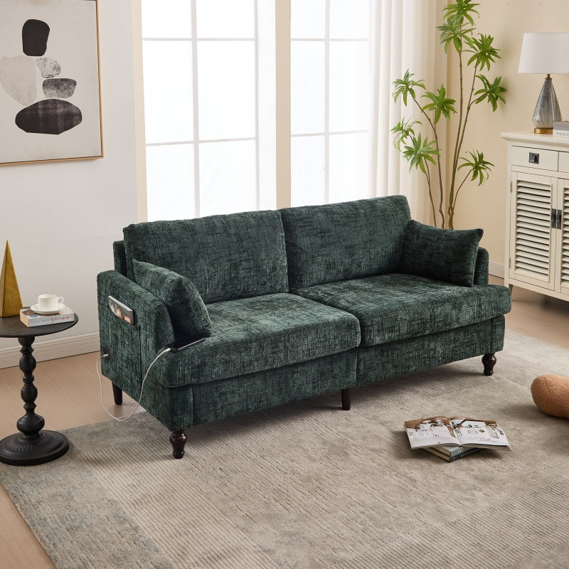 Modern Chenille 2-Seater Sofa with LED Light, USB Charging Port, and Storage Bag in Emerald-海智集-Default-