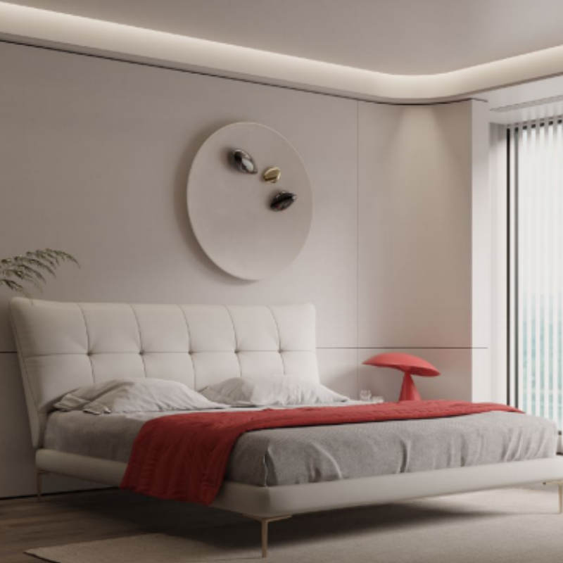 Genuine leather bed, simple Italian light luxury, high-end solid wood soft-padded luxury bedding, without bedside table-海智集-