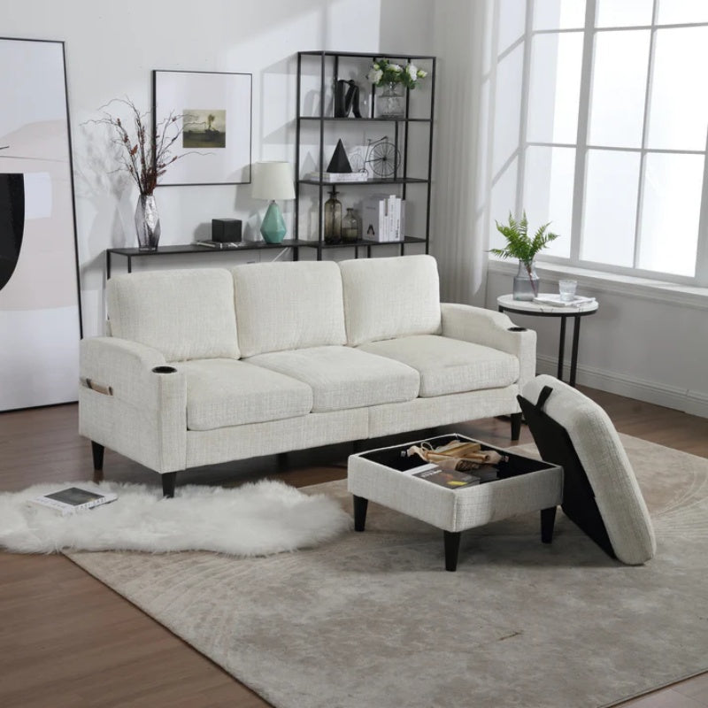 UNITED WE WIN Sofa for three, solid wood frame, Chenille fabric, side pocket, with two cup holders, footstool with storagestorage sofa /Living room sofa cozy sectional sofa-海智集-Default-