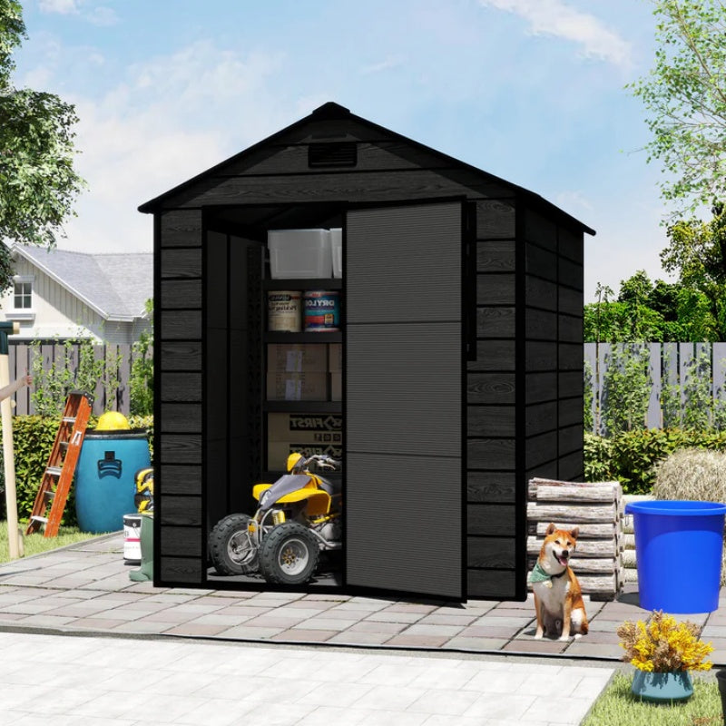 Campcraft 6*6ft resin storage shed, high quality pp material, strong structure, waterproof, rust and UV proof, large storage space, 12mm thick pp board, HD window lighting Black wood grain color-海智集-Default-