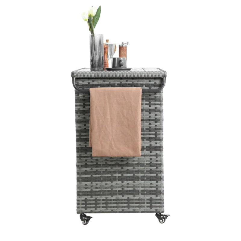 Outdoor Wicker Bar Cart, Patio Wine Serving Cart w/Wheels , Rolling Rattan Beverage Bar Counter Table w/Glass Top for Porch Backyard Garden Poolside Party, Light brown-海智集-Default-