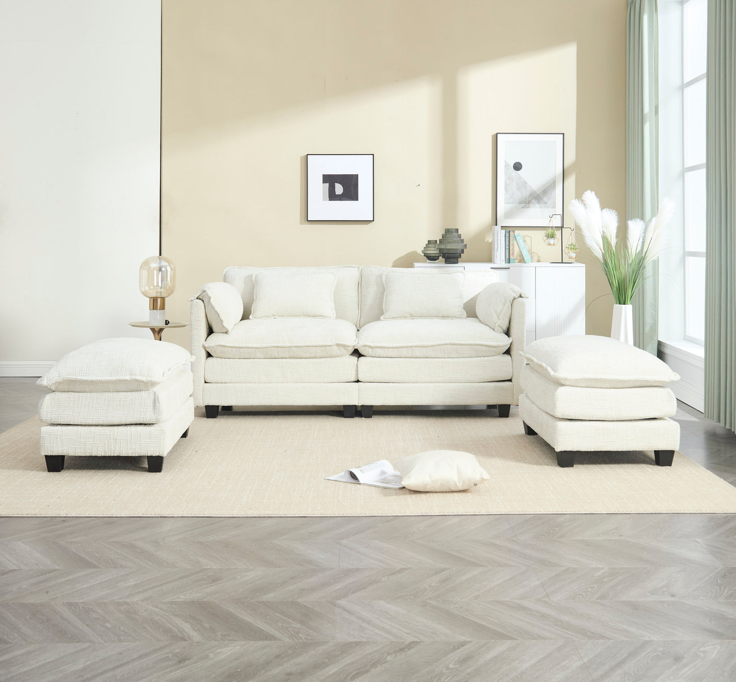 UNITED WE WIN Chenille fabric, solid construction, the overall structure of the sofa is stable, detachable armrests, two foot stools and two-seat sofa with side pockets-海智集-Default-