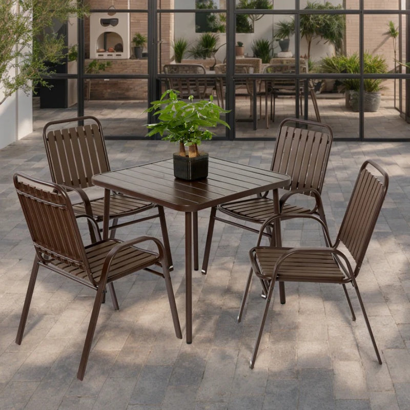 5-Piece Plastic chair and steel table Outdoor Dining Set, plastic Chairs and Table Set for Garden Patio, Brown-海智集-Default-