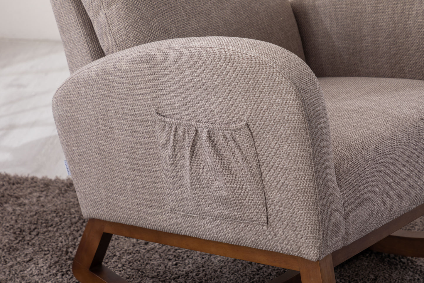 Rocking Chair, Modern Glider Chair, Recliner Armchair with Wood Legs and Side Pocket, Nursery Rocking Accent Chair with High Back for Living Room Bedroom (Grey linen)-海智集-Default-