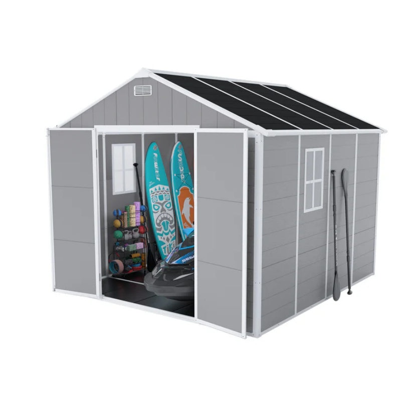 Campcraft 8*8ft resin storage shed, high quality pp material, strong structure, waterproof, rust and UV proof, large storage space, 12mm thick pp board, HD window lighting-海智集-Default-