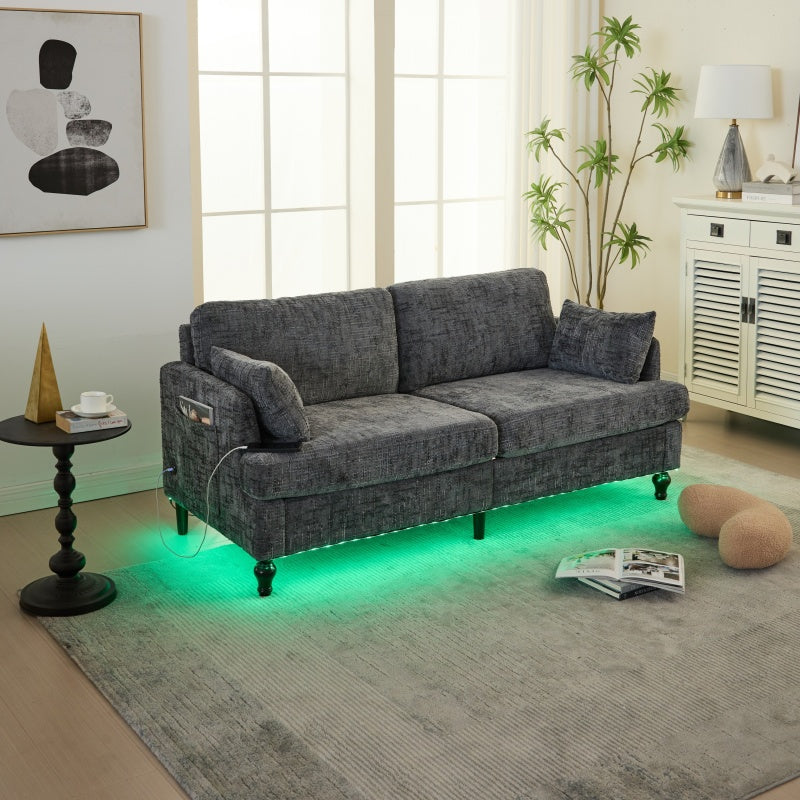 Modern Style Chenille 2-Seater Sofa with LED Light, USB Port, and Storage Bag in Gray-海智集-Default-
