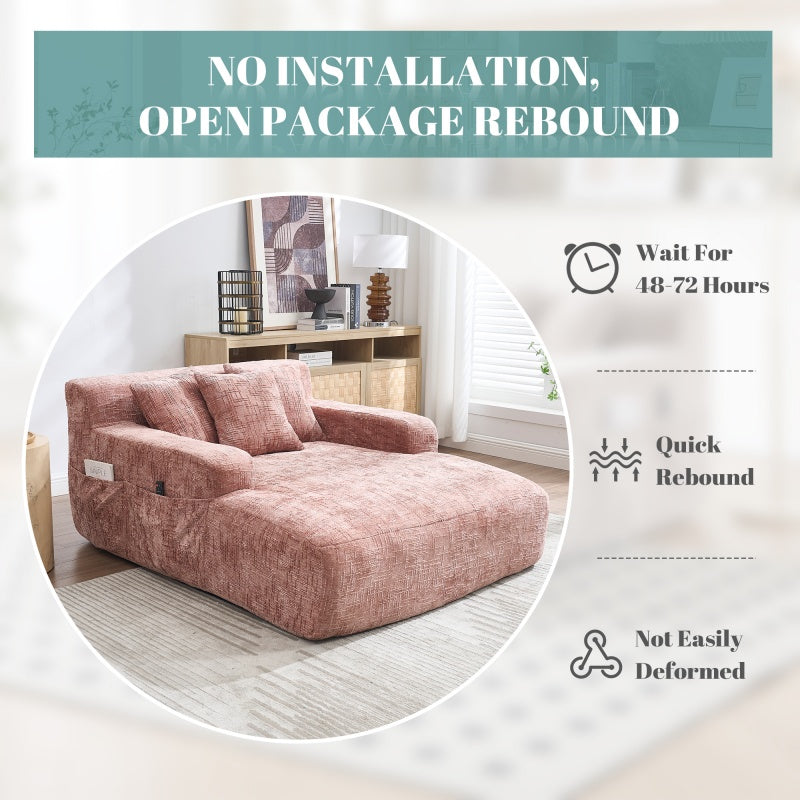 Chenille Interior Lazy Sofa Chaise Lounge Armchair with Pillows and Armrests - Pink-海智集-Default-