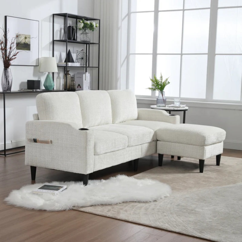 UNITED WE WIN Sofa for three, solid wood frame, Chenille fabric, side pocket, with two cup holders, footstool with storagestorage sofa /Living room sofa cozy sectional sofa-海智集-Default-