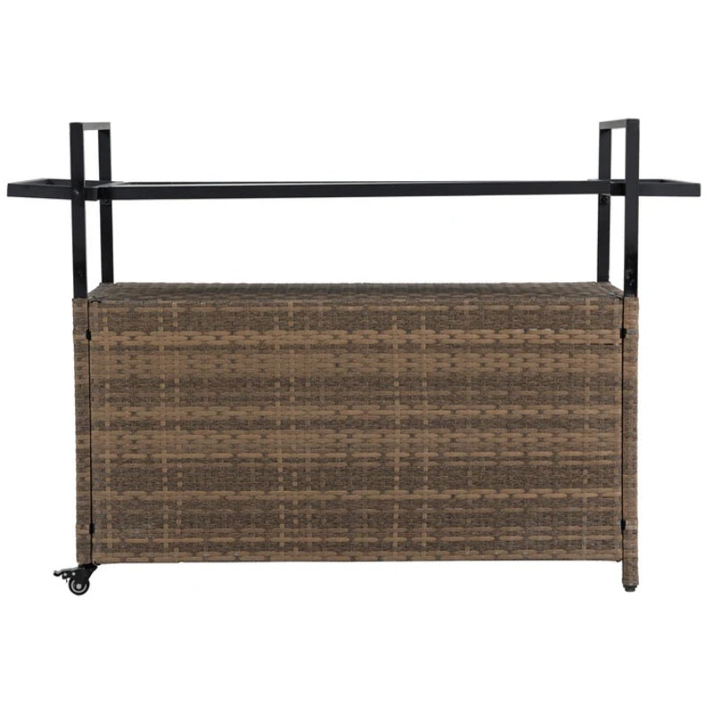 Outdoor Wicker Bar Cart, Patio Wine Serving Cart w/Wheels , Rolling Rattan Beverage Bar Counter Table w/Glass Top for Porch Backyard Garden Poolside Party, Light brown-海智集-Default-