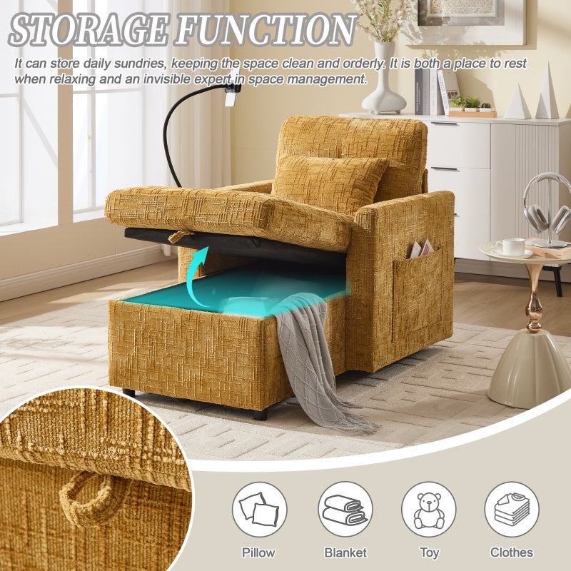 Multifunctional Lazy Sofa Recliner with Storage and Phone Bracket in Mustard Yellow Chenille for Living Room-海智集-Default-