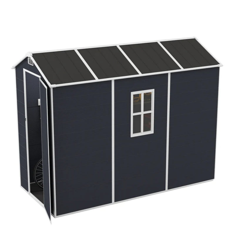 Campcraft 4*8ft resin storage shed, high quality pp material, strong structure, waterproof, rust and UV proof, large storage space, 12mm thick pp board, HD window lighting Dark gray-海智集-Default-