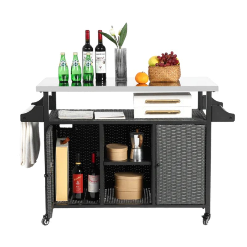 Large bar cart,Outdoor Kitchen Wicker Island Rolling Cart & Storage Cabinet, Wheels and Stainless Steel Extended Table Top, Side Handle for Patio Kitchen or Bar Cart, Grey-海智集-Default-