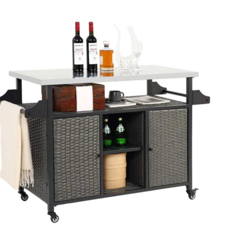 Large bar cart,Outdoor Kitchen Wicker Island Rolling Cart & Storage Cabinet, Wheels and Stainless Steel Extended Table Top, Side Handle for Patio Kitchen or Bar Cart, Grey-海智集-Default-