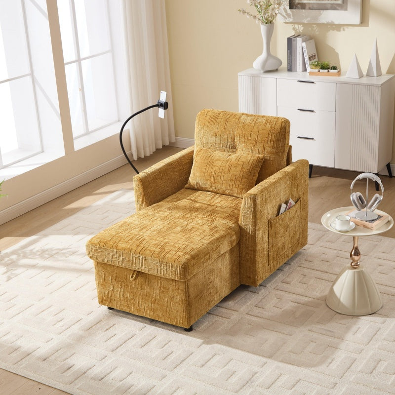 Multifunctional Lazy Sofa Recliner with Storage and Phone Bracket in Mustard Yellow Chenille for Living Room-海智集-Default-
