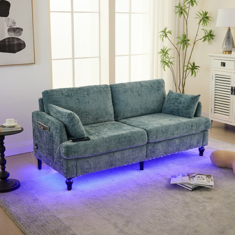 Modern Style Chenille 2-Seater Wood-Legged Sofa with LED Light, USB Charging Port and Storage Bag in Lake Blue-海智集-Default-
