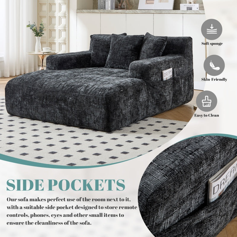 Chenille Interior Lazy Sofa Chaise Lounge Armchair with Three Pillows and Armrests, Black, Soft Chenille, 61.42x48.43x27.95 inches-海智集-Default-