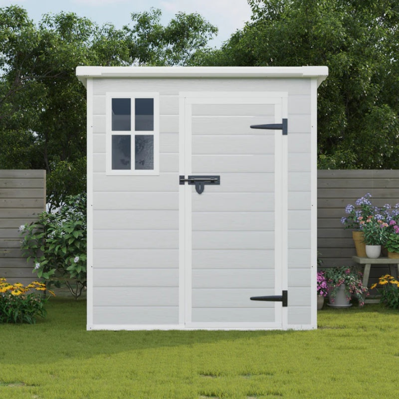 6x6 FT Storage Shed, Waterproof Resin Outdoor Storage Shed with Floor & Window & Lockable Doors and Vents, Tool Shed for Bike, Garden, Backyard,Lawn, All Weather Use, Light Grey-海智集-Default-