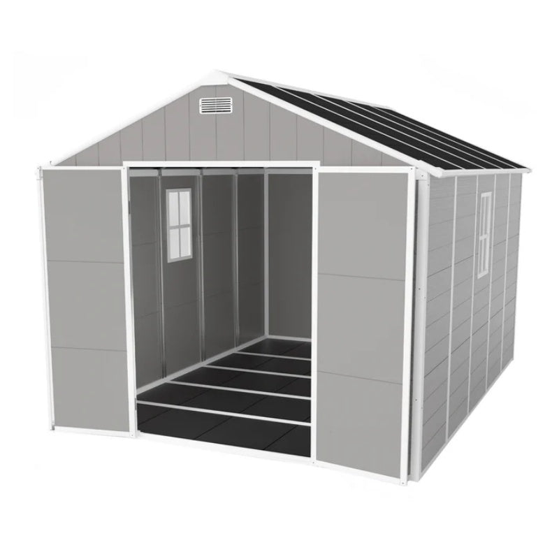 Campcraft 8*10ft resin storage shed, high quality pp material, strong structure, waterproof, rust and UV proof, large storage space, 12mm thick pp board, HD window lighting-海智集-Default-