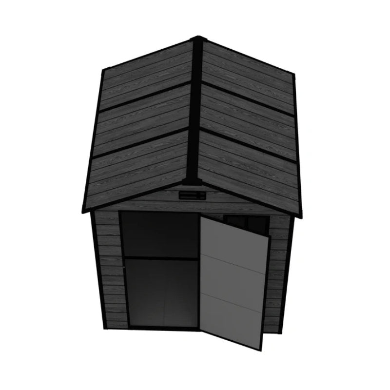Campcraft 6*6ft resin storage shed, high quality pp material, strong structure, waterproof, rust and UV proof, large storage space, 12mm thick pp board, HD window lighting Black wood grain color-海智集-Default-