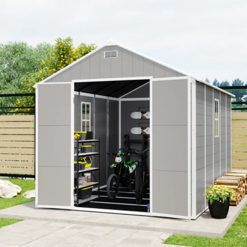Campcraft 8*10ft resin storage shed, high quality pp material, strong structure, waterproof, rust and UV proof, large storage space, 12mm thick pp board, HD window lighting-海智集-Default-