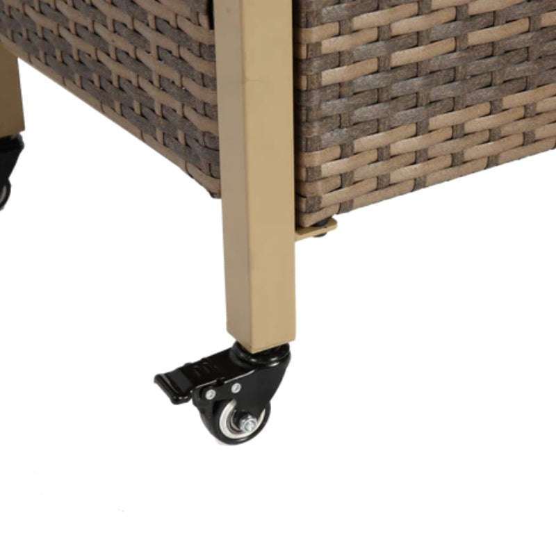 Outdoor Wicker Bar Cart, Patio Wine Serving Cart w/Wheels , Rolling Rattan Beverage Bar Counter Table w/Glass Top for Porch Backyard Garden Poolside Party, Light brown-海智集-Default-