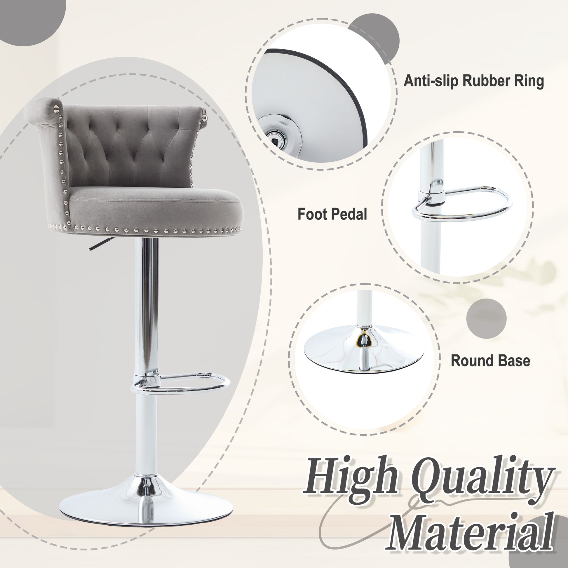 COOLMORE Velvet Bar Stool Set of 2, Adjustable Swivel Bar Stools with Silver Plated Metal Leg, Chrome Nailhead, Counter Height Chair for Kitchen,Dining Room-海智集-Default-