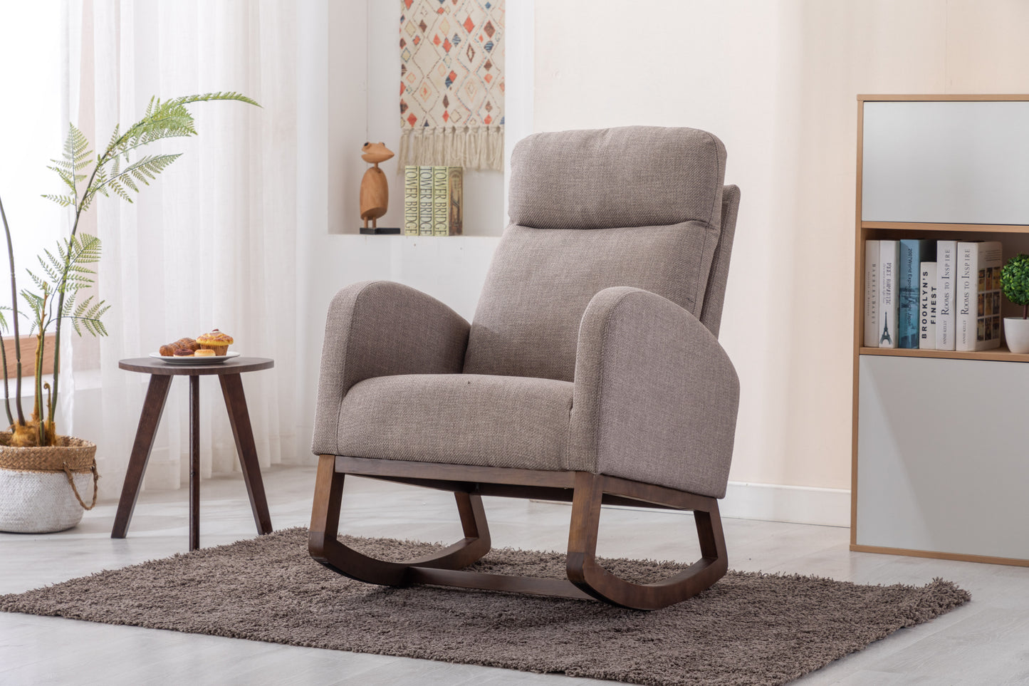 Rocking Chair, Modern Glider Chair, Recliner Armchair with Wood Legs and Side Pocket, Nursery Rocking Accent Chair with High Back for Living Room Bedroom (Grey linen)-海智集-Default-