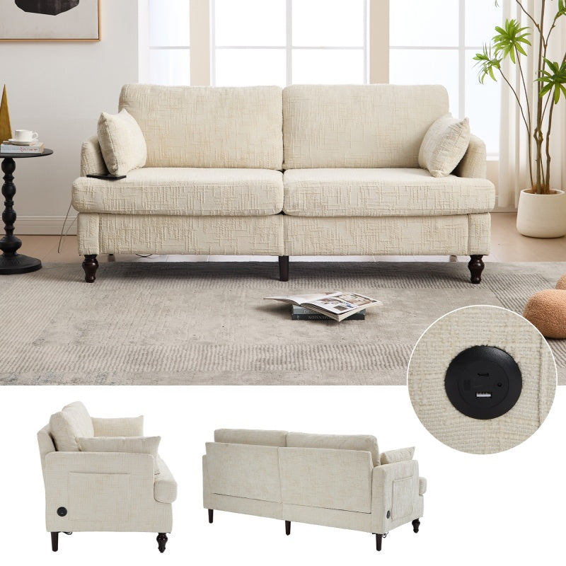 Modern Style Chenille 2-Seater Sofa with LED Light, USB Port, Storage Bag, Wood Legs-海智集-Default-