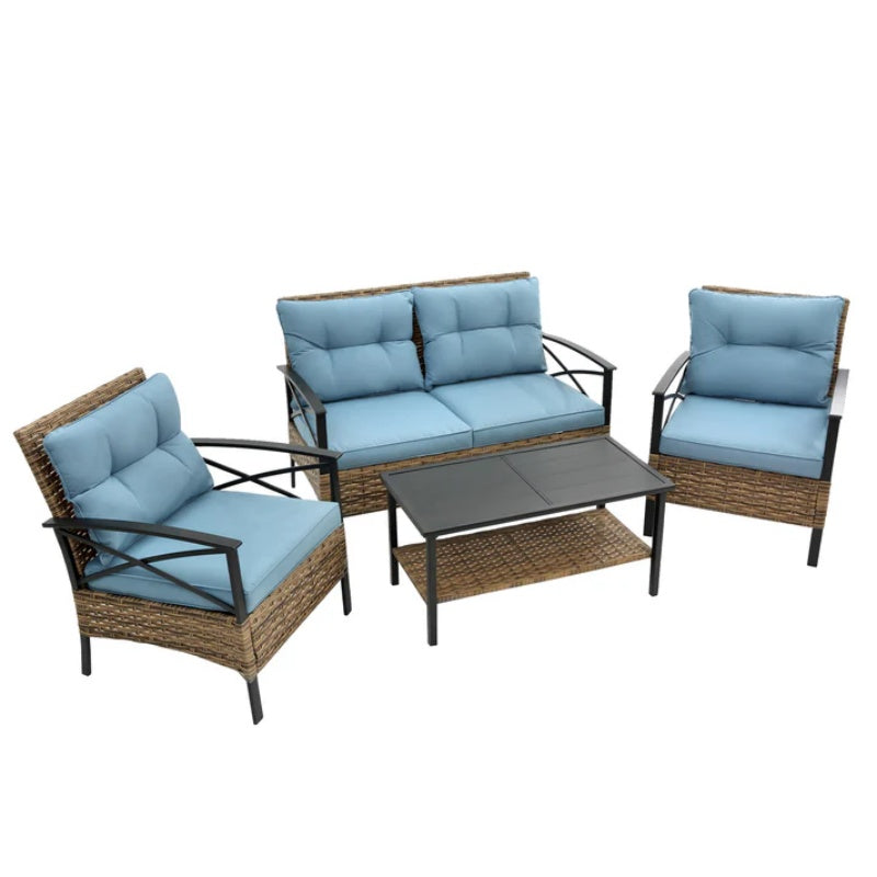 Patio 4 piece sectional low dining conversation sofa set- KD rattan wicker outdoor garden furniture corner sofa set with cushion.-海智集-Default-