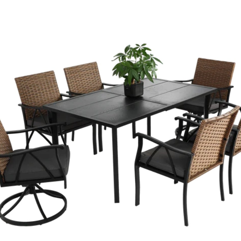 7 Piece Patio Dining Set ,Outdoor Wicker Furniture Set for Backyard Garden Deck Poolside with 2 Cushions Swivel Rocker Chairs,4 Cushions chairs,Table Top, Removable Cushions-海智集-Default-