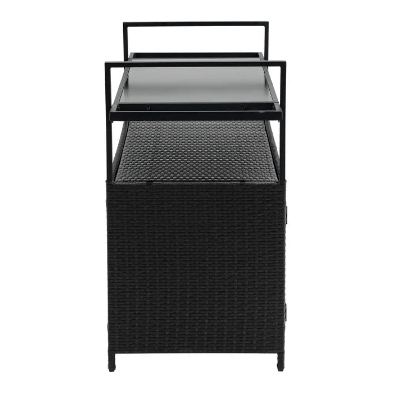Outdoor Wicker Bar Cart, Patio Wine Serving Cart w/Wheels, Rolling Rattan Beverage Bar Counter Table w/Glass Top for Porch Backyard Garden Poolside Party, Black-海智集-Default-
