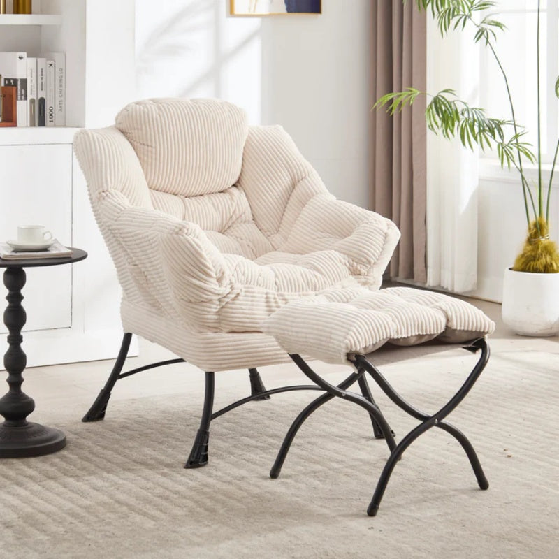 Lazy Chair with Ottoman, Modern Lounge Accent Chair with Armrests and a Side Pocket, Leisure Upholstered Sofa Chair Reading Chair with Footrest for Small Space, Corner Chair-White-海智集-Default-