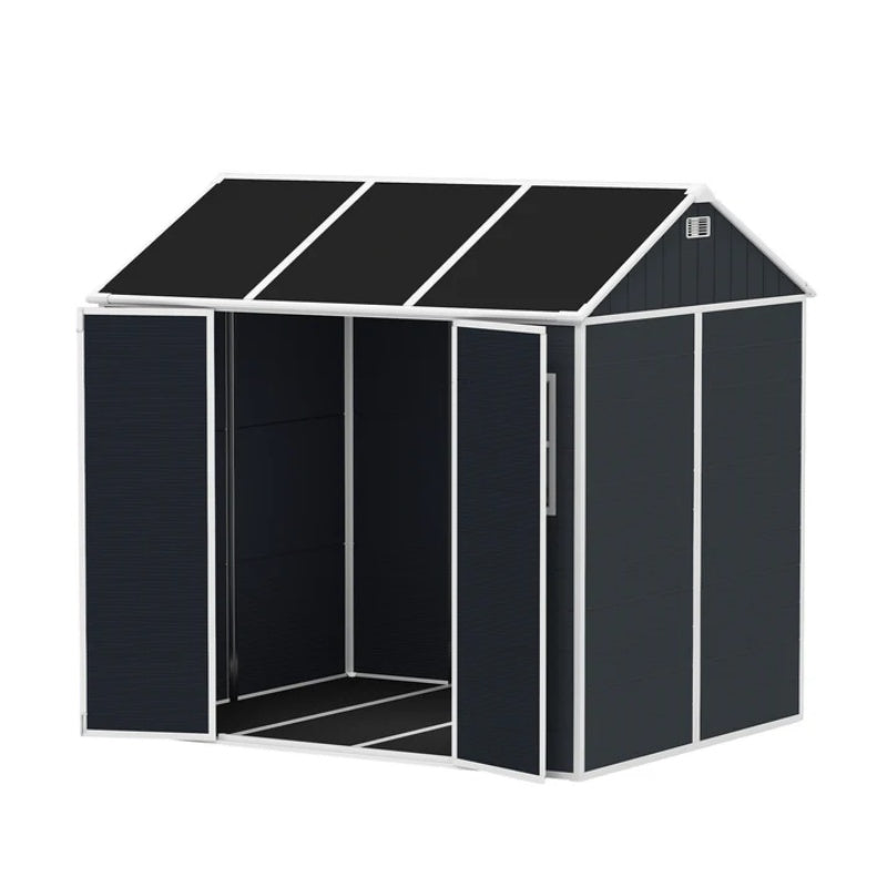 8*7ft Outdoor Storage Shed, Outdoor Resin Shed with Two-Window and Double-Door, Plastic Shed with Floor for Garden, Patio, Yard, Lawn (Dark Gray)-海智集-Default-