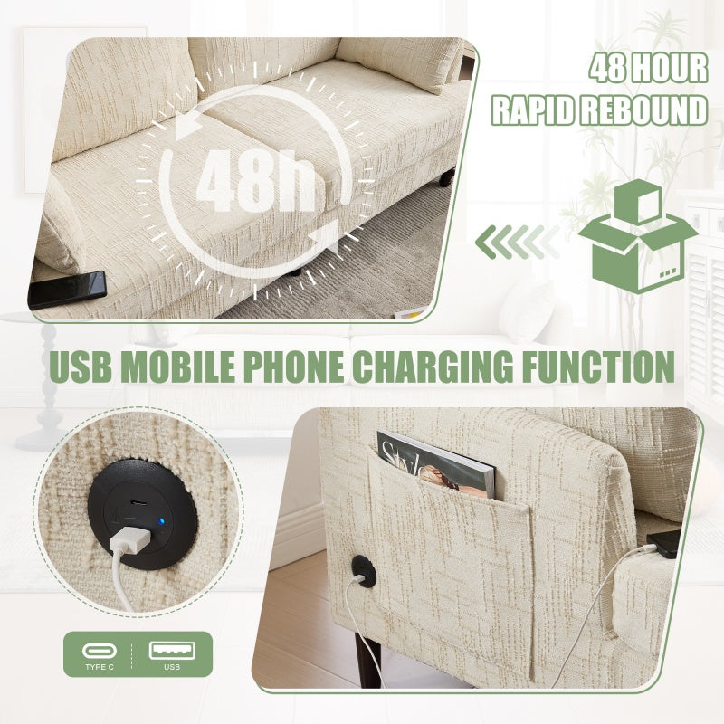 Modern Style Chenille 2-Seater Sofa with LED Light, USB Port, Storage Bag, Wood Legs-海智集-Default-