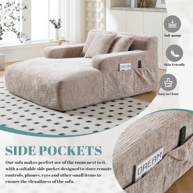 Chenille Interior Lazy Sofa Chaise Longue Armchair with Pillows and Armrests in Khaki-海智集-Default-