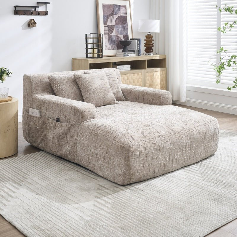 Chenille Interior Lazy Sofa Chaise Longue Armchair with Pillows and Armrests in Khaki-海智集-Default-