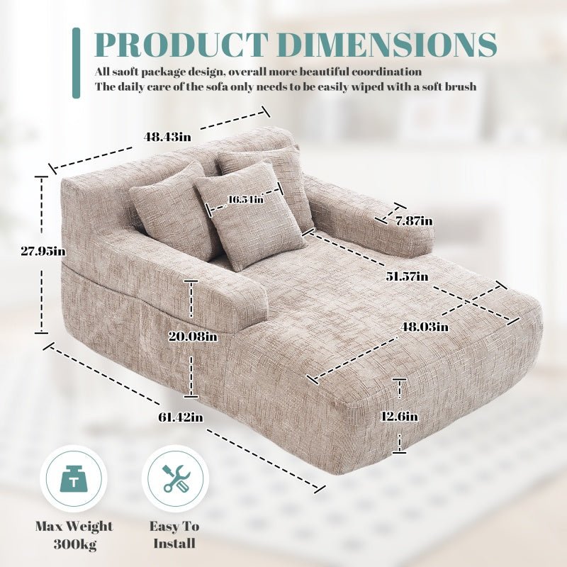 Chenille Interior Lazy Sofa Chaise Longue Armchair with Pillows and Armrests in Khaki - 海智集