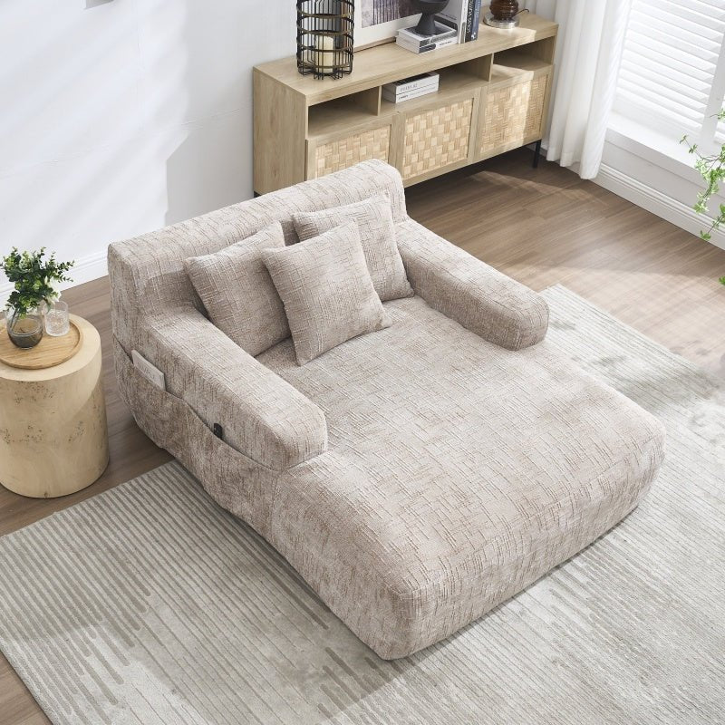 Chenille Interior Lazy Sofa Chaise Longue Armchair with Pillows and Armrests in Khaki-海智集-Default-