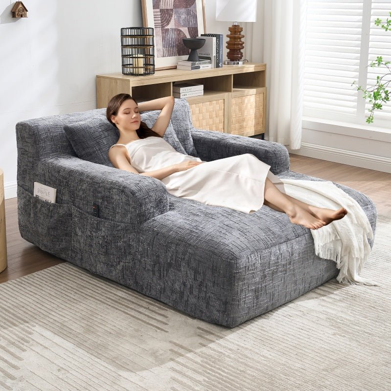 Chenille Interior Lazy Sofa Chaise Longue Armchair with Three Pillows and Armrests in Grey-海智集-Default-
