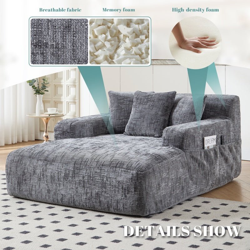 Chenille Interior Lazy Sofa Chaise Longue Armchair with Three Pillows and Armrests in Grey-海智集-Default-