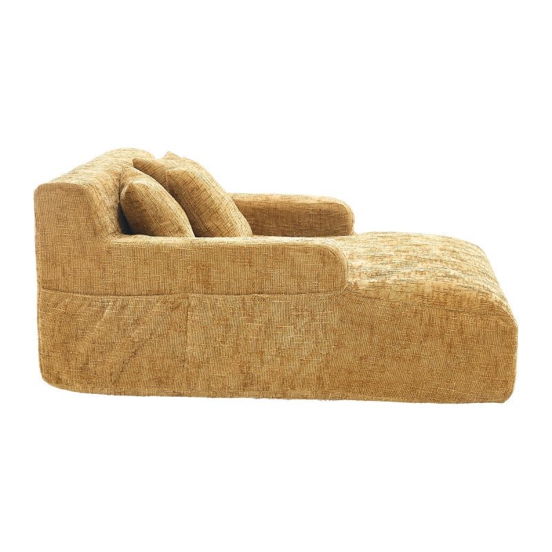 Chenille Interior Lazy Sofa Chaise Longue with Armrests and Three Pillows, Yellow, 61.42 x 48.43 x 27.95 inches-海智集-Default-
