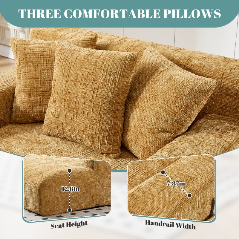 Chenille Interior Lazy Sofa Chaise Longue with Armrests and Three Pillows, Yellow, 61.42 x 48.43 x 27.95 inches-海智集-Default-