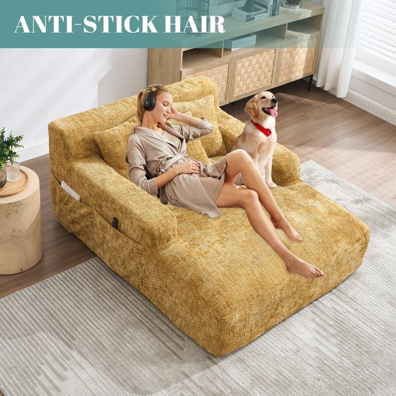 Chenille Interior Lazy Sofa Chaise Longue with Armrests and Three Pillows, Yellow, 61.42 x 48.43 x 27.95 inches-海智集-Default-