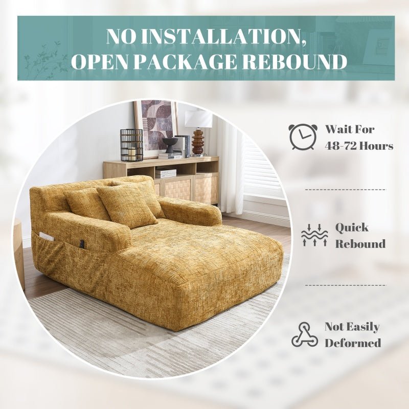 Chenille Interior Lazy Sofa Chaise Longue with Armrests and Three Pillows, Yellow, 61.42 x 48.43 x 27.95 inches-海智集-Default-