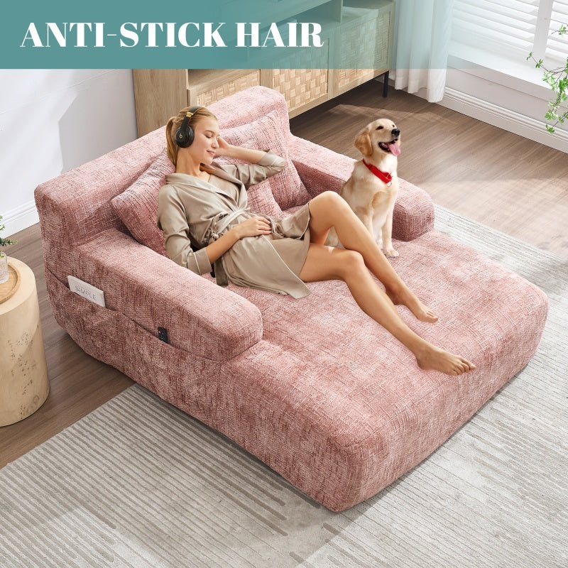 Chenille Interior Lazy Sofa Chaise Lounge Armchair with Pillows and Armrests - Pink-海智集-Default-
