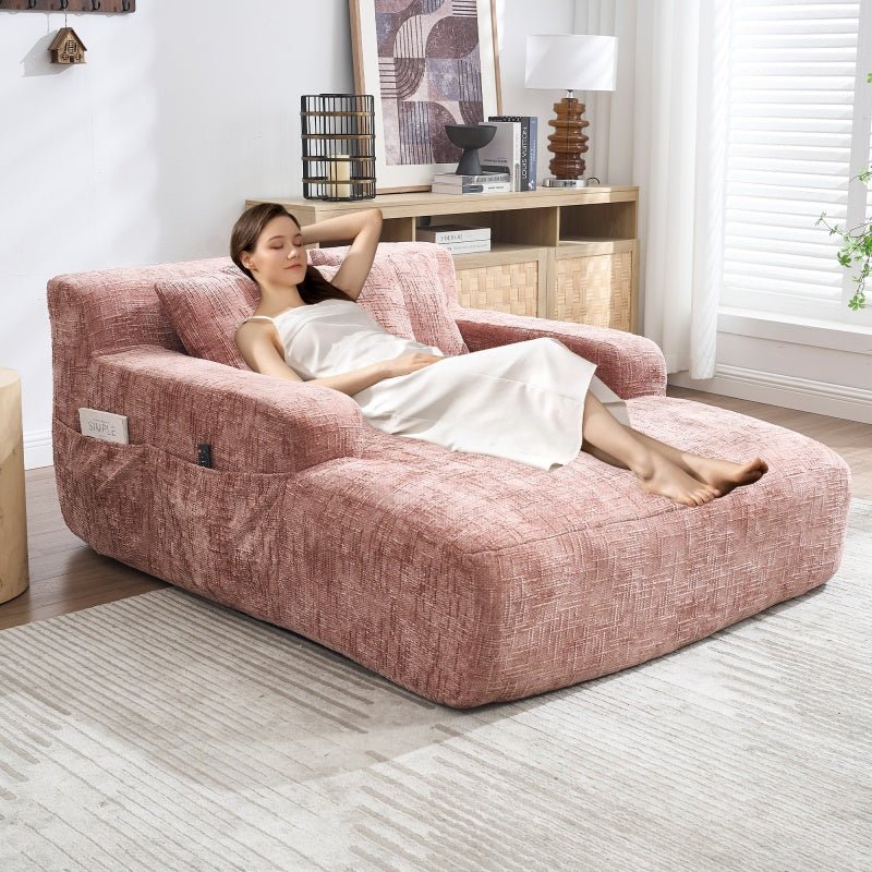 Chenille Interior Lazy Sofa Chaise Lounge Armchair with Pillows and Armrests - Pink-海智集-Default-