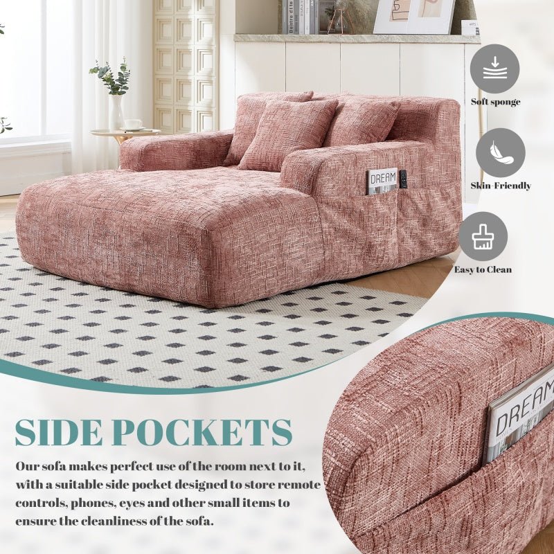 Chenille Interior Lazy Sofa Chaise Lounge Armchair with Pillows and Armrests - Pink-海智集-Default-