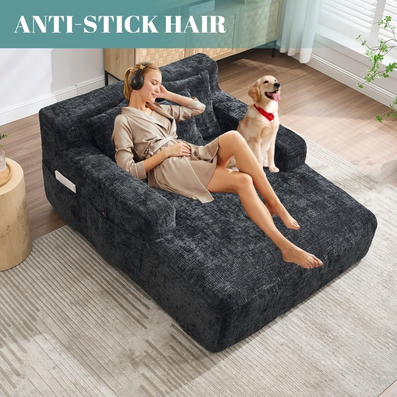 Chenille Interior Lazy Sofa Chaise Lounge Armchair with Three Pillows and Armrests, Black, Soft Chenille, 61.42x48.43x27.95 inches-海智集-Default-