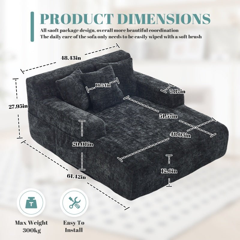 Chenille Interior Lazy Sofa Chaise Lounge Armchair with Three Pillows and Armrests, Black, Soft Chenille, 61.42x48.43x27.95 inches-海智集-Default-